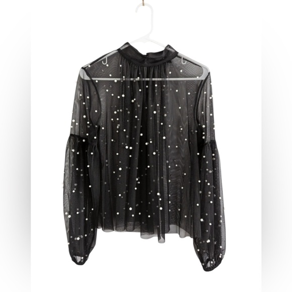 Forever 21 Sheer Mesh Pearl Embellished Blouse Black Size M - Picture 1 of 7